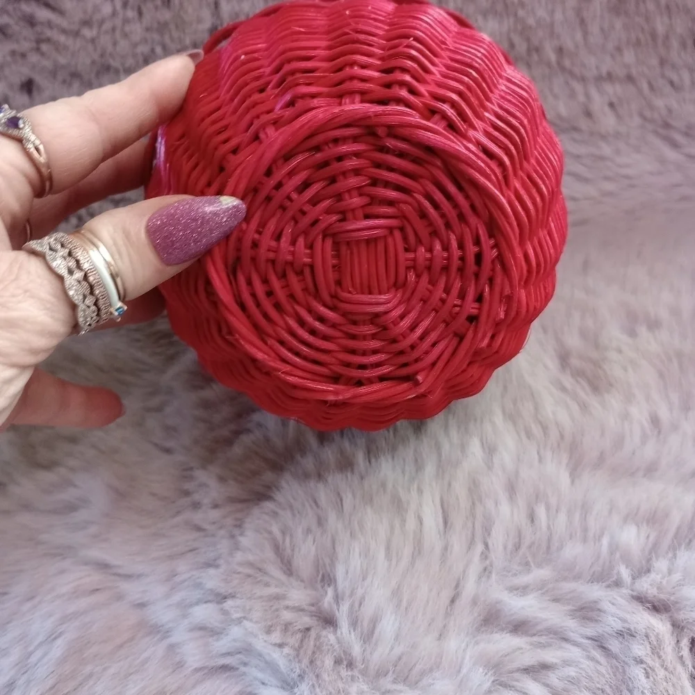 Vintage Red Green Wicker Apple Storage Container Attached Lid